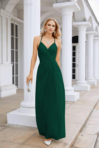 Ladies Chiffon Spaghetti Strap V Neck Front Slit Floor Length Bridesmaid Evening Dress Prom Party Wedding Evening Dress 28116