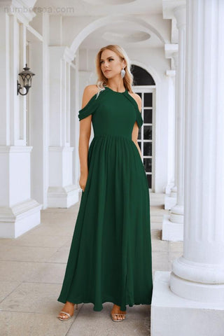 Ladies Chiffon Off Shoulder Swing Sleeve Front Slit Bridesmaid Evening Dress Wedding Party Evening Dress 28117