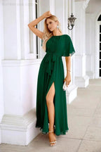 Ladies Chiffon Sleeve Crew Neck Front Slit Floor Length Bridesmaid Evening Dress Wedding Party Evening Dress 28124 by numbersea