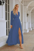 Ladies V Neck Chiffon Long Sleeve Front Slit Bridesmaid Evening Dress Wedding Party Shopping Evening Dress 28109 by numbersea