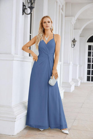Ladies Chiffon Spaghetti Strap V Neck Front Slit Floor Length Bridesmaid Evening Dress Prom Party Wedding Evening Dress 28116