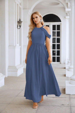 Ladies Chiffon Off Shoulder Swing Sleeve Front Slit Bridesmaid Evening Dress Wedding Party Evening Dress 28117