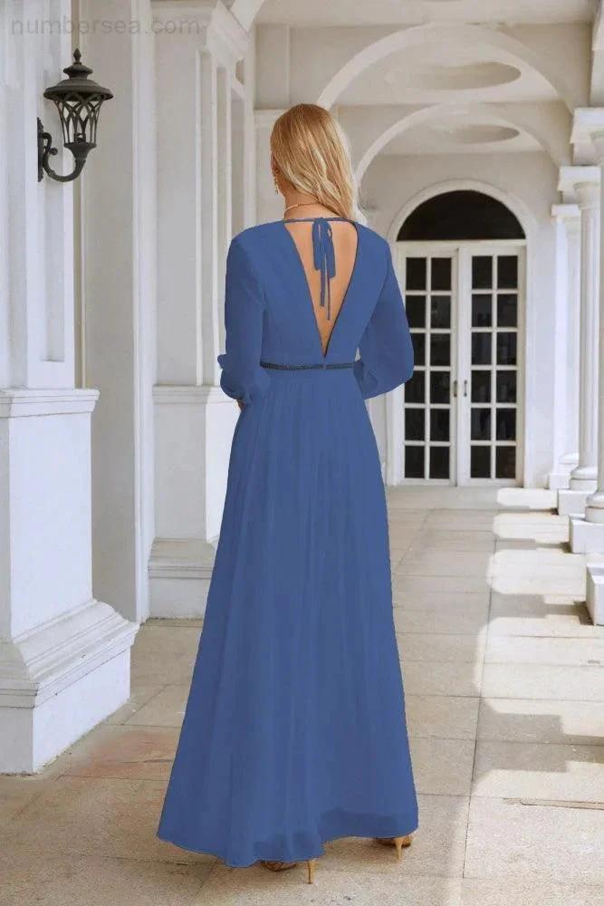 Ladies V Neck Chiffon Long Sleeve Front Slit Bridesmaid Evening Dress Wedding Party Shopping Evening Dress 28109 by numbersea