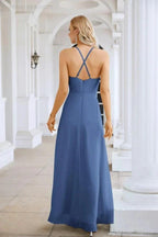 Ladies Chiffon Spaghetti Strap V Neck Front Slit Floor Length Bridesmaid Evening Dress Prom Party Wedding Evening Dress 28116 by numbersea