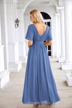 Ladies Chiffon Sleeve Crew Neck Front Slit Floor Length Bridesmaid Evening Dress Wedding Party Evening Dress 28124 by numbersea