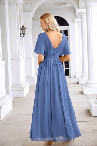 Ladies Chiffon Sleeve Crew Neck Front Slit Floor Length Bridesmaid Evening Dress Wedding Party Evening Dress 28124