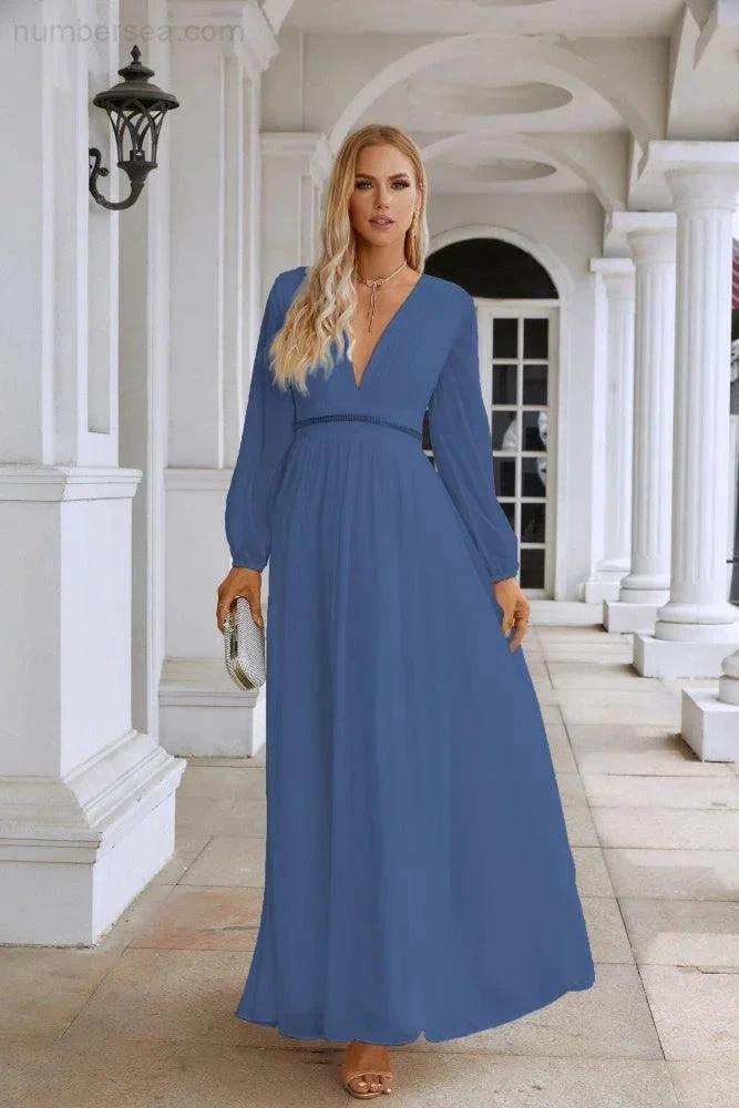 Ladies V Neck Chiffon Long Sleeve Front Slit Bridesmaid Evening Dress Wedding Party Shopping Evening Dress 28109 by numbersea