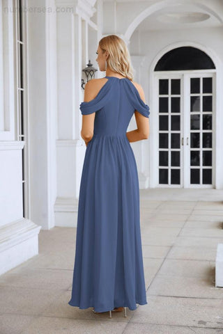 Ladies Chiffon Off Shoulder Swing Sleeve Front Slit Bridesmaid Evening Dress Wedding Party Evening Dress 28117