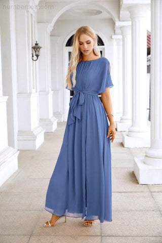 Ladies Chiffon Sleeve Crew Neck Front Slit Floor Length Bridesmaid Evening Dress Wedding Party Evening Dress 28124