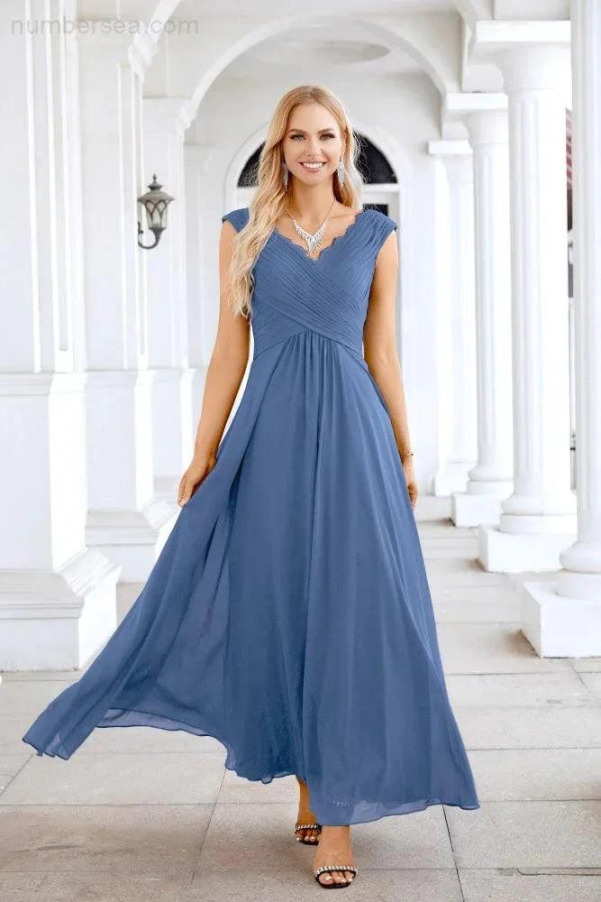 Ladies Chiffon V Neck Sleeveless Floor Length Bridesmaid Evening Dress Wedding Party Evening Dress 28126 by numbersea
