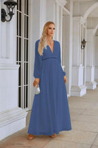 Ladies V Neck Chiffon Long Sleeve Front Slit Bridesmaid Evening Dress Wedding Party Shopping Evening Dress 28109 by numbersea