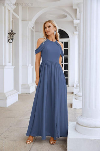 Ladies Chiffon Off Shoulder Swing Sleeve Front Slit Bridesmaid Evening Dress Wedding Party Evening Dress 28117