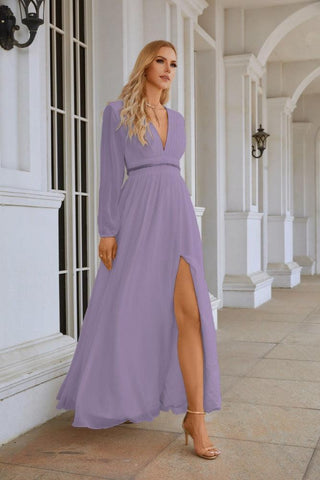 Ladies V Neck Chiffon Long Sleeve Front Slit Bridesmaid Evening Dress Wedding Party Shopping Evening Dress 28109