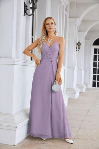Ladies Chiffon Spaghetti Strap V Neck Front Slit Floor Length Bridesmaid Evening Dress Prom Party Wedding Evening Dress 28116