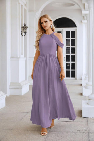 Ladies Chiffon Off Shoulder Swing Sleeve Front Slit Bridesmaid Evening Dress Wedding Party Evening Dress 28117