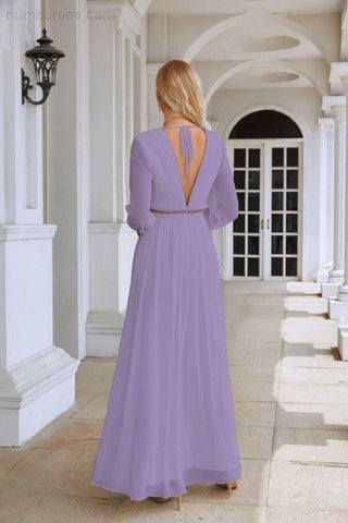 Ladies V Neck Chiffon Long Sleeve Front Slit Bridesmaid Evening Dress Wedding Party Shopping Evening Dress 28109