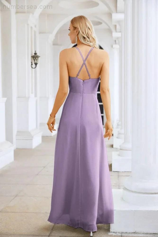 Ladies Chiffon Spaghetti Strap V Neck Front Slit Floor Length Bridesmaid Evening Dress Prom Party Wedding Evening Dress 28116 by numbersea