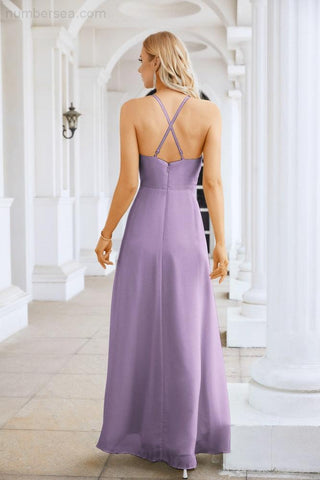 Ladies Chiffon Spaghetti Strap V Neck Front Slit Floor Length Bridesmaid Evening Dress Prom Party Wedding Evening Dress 28116