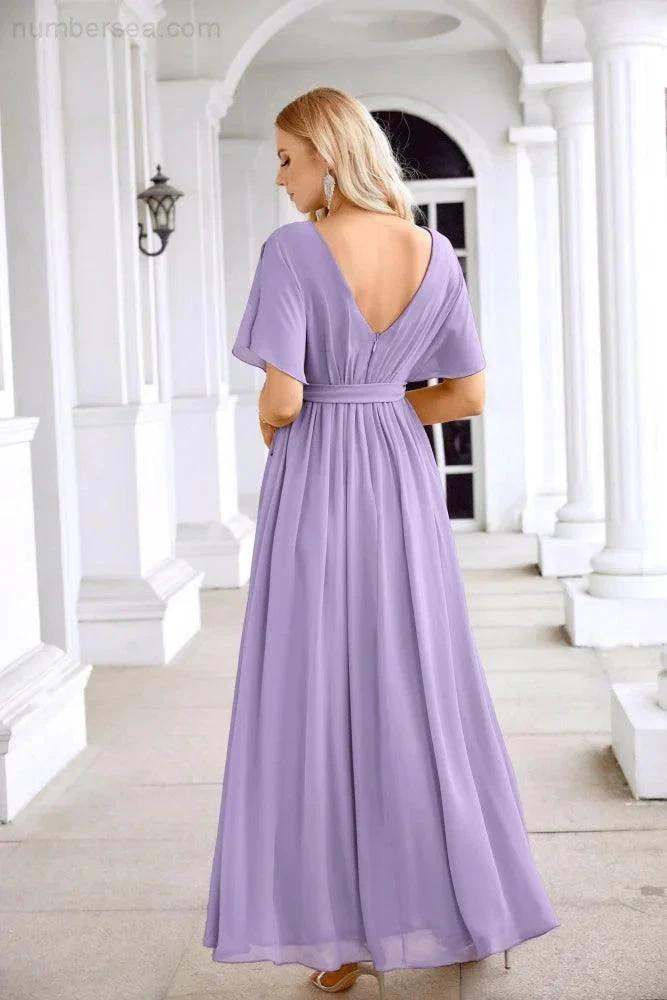 Ladies Chiffon Sleeve Crew Neck Front Slit Floor Length Bridesmaid Evening Dress Wedding Party Evening Dress 28124 by numbersea