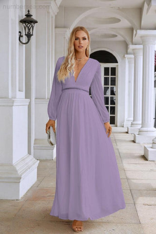 Ladies V Neck Chiffon Long Sleeve Front Slit Bridesmaid Evening Dress Wedding Party Shopping Evening Dress 28109