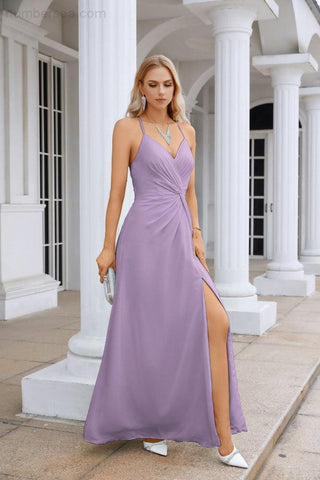 Ladies Chiffon Spaghetti Strap V Neck Front Slit Floor Length Bridesmaid Evening Dress Prom Party Wedding Evening Dress 28116