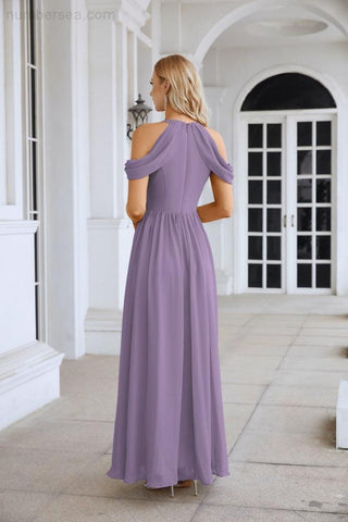 Ladies Chiffon Off Shoulder Swing Sleeve Front Slit Bridesmaid Evening Dress Wedding Party Evening Dress 28117