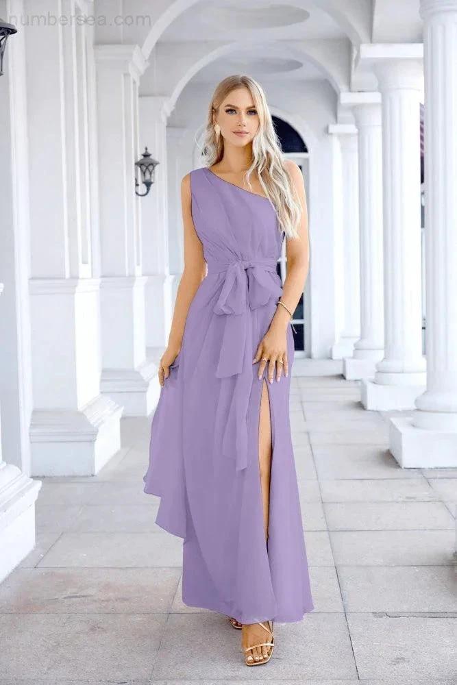 Ladies Chiffon One Shoulder Bridesmaid Evening Dress Wedding Party Evening Dress 28133 by numbersea