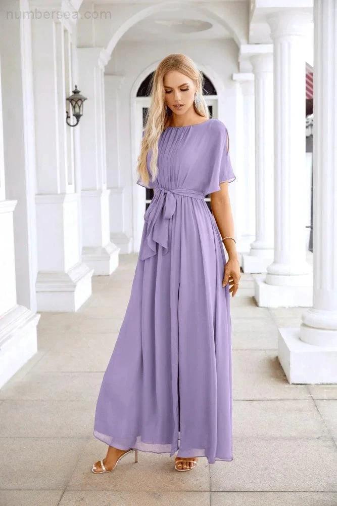 Ladies Chiffon Sleeve Crew Neck Front Slit Floor Length Bridesmaid Evening Dress Wedding Party Evening Dress 28124 by numbersea