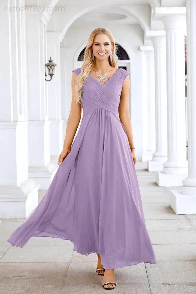 Ladies Chiffon V Neck Sleeveless Floor Length Bridesmaid Evening Dress Wedding Party Evening Dress 28126 by numbersea