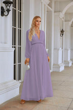 Ladies V Neck Chiffon Long Sleeve Front Slit Bridesmaid Evening Dress Wedding Party Shopping Evening Dress 28109 by numbersea