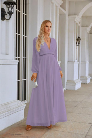 Ladies V Neck Chiffon Long Sleeve Front Slit Bridesmaid Evening Dress Wedding Party Shopping Evening Dress 28109
