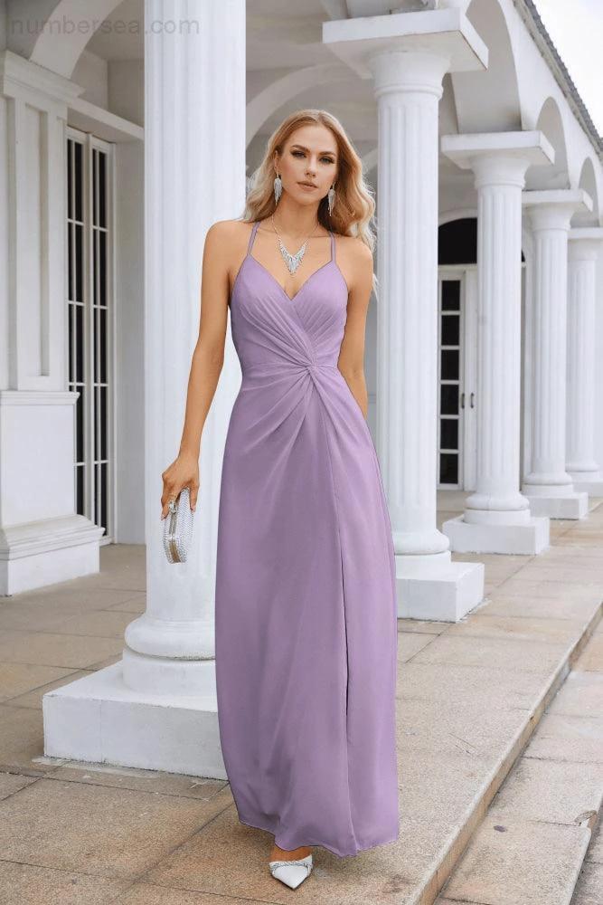 Ladies Chiffon Spaghetti Strap V Neck Front Slit Floor Length Bridesmaid Evening Dress Prom Party Wedding Evening Dress 28116 by numbersea