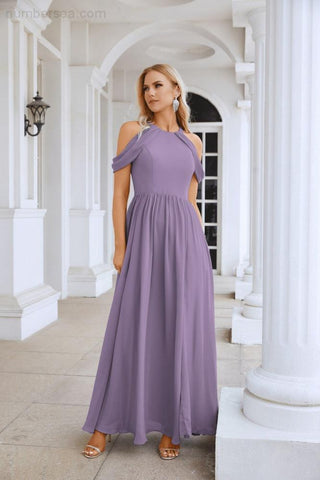 Ladies Chiffon Off Shoulder Swing Sleeve Front Slit Bridesmaid Evening Dress Wedding Party Evening Dress 28117