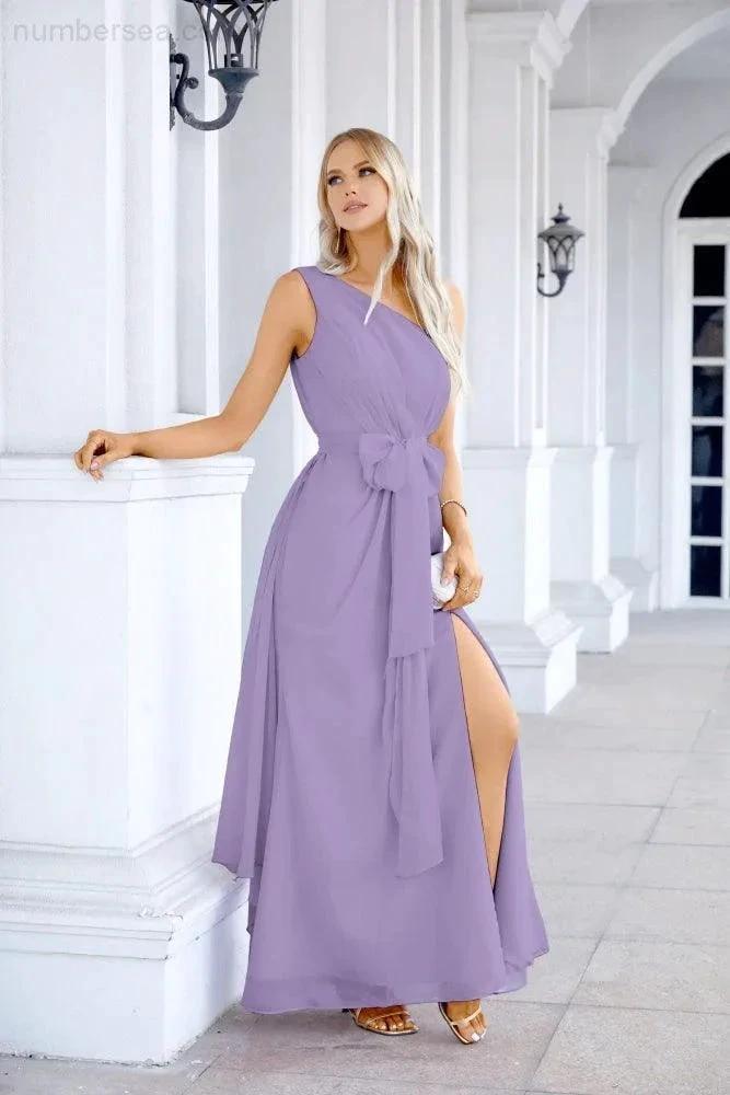 Ladies Chiffon One Shoulder Bridesmaid Evening Dress Wedding Party Evening Dress 28133 by numbersea
