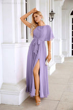 Ladies Chiffon Sleeve Crew Neck Front Slit Floor Length Bridesmaid Evening Dress Wedding Party Evening Dress 28124 by numbersea