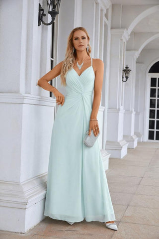 Ladies Chiffon Spaghetti Strap V Neck Front Slit Floor Length Bridesmaid Evening Dress Prom Party Wedding Evening Dress 28116