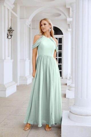 Ladies Chiffon Off Shoulder Swing Sleeve Front Slit Bridesmaid Evening Dress Wedding Party Evening Dress 28117
