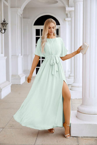 Ladies Chiffon Sleeve Crew Neck Front Slit Floor Length Bridesmaid Evening Dress Wedding Party Evening Dress 28124