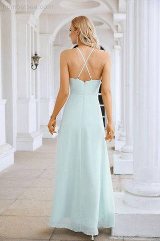 Ladies Chiffon Spaghetti Strap V Neck Front Slit Floor Length Bridesmaid Evening Dress Prom Party Wedding Evening Dress 28116
