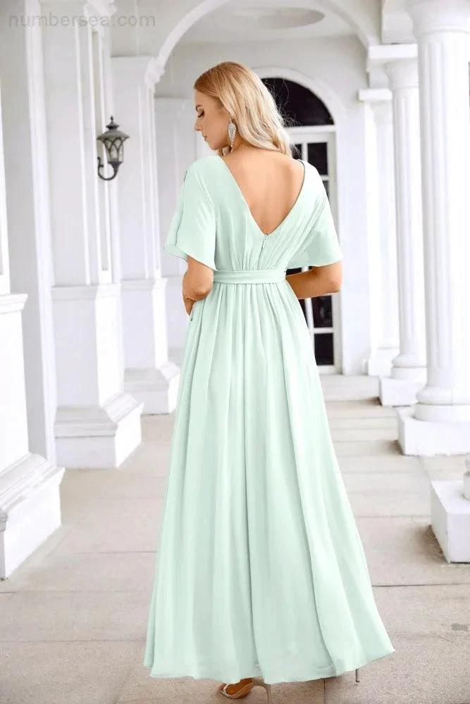 Ladies Chiffon Sleeve Crew Neck Front Slit Floor Length Bridesmaid Evening Dress Wedding Party Evening Dress 28124 by numbersea