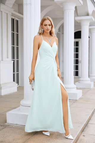 Ladies Chiffon Spaghetti Strap V Neck Front Slit Floor Length Bridesmaid Evening Dress Prom Party Wedding Evening Dress 28116