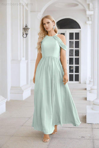 Ladies Chiffon Off Shoulder Swing Sleeve Front Slit Bridesmaid Evening Dress Wedding Party Evening Dress 28117