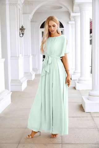 Ladies Chiffon Sleeve Crew Neck Front Slit Floor Length Bridesmaid Evening Dress Wedding Party Evening Dress 28124