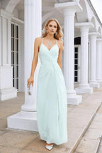 Ladies Chiffon Spaghetti Strap V Neck Front Slit Floor Length Bridesmaid Evening Dress Prom Party Wedding Evening Dress 28116 by numbersea