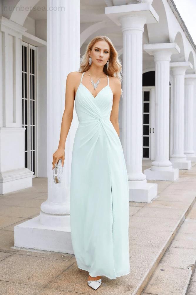 Ladies Chiffon Spaghetti Strap V Neck Front Slit Floor Length Bridesmaid Evening Dress Prom Party Wedding Evening Dress 28116 by numbersea