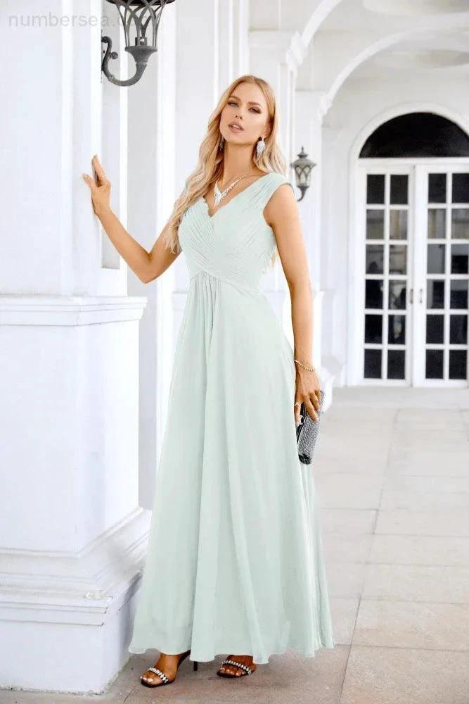 Ladies Chiffon V Neck Sleeveless Floor Length Bridesmaid Evening Dress Wedding Party Evening Dress 28126 by numbersea