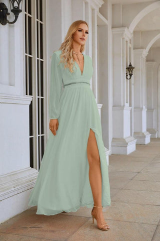 Ladies V Neck Chiffon Long Sleeve Front Slit Bridesmaid Evening Dress Wedding Party Shopping Evening Dress 28109
