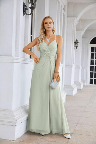 Ladies Chiffon Spaghetti Strap V Neck Front Slit Floor Length Bridesmaid Evening Dress Prom Party Wedding Evening Dress 28116