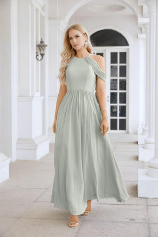 Ladies Chiffon Off Shoulder Swing Sleeve Front Slit Bridesmaid Evening Dress Wedding Party Evening Dress 28117