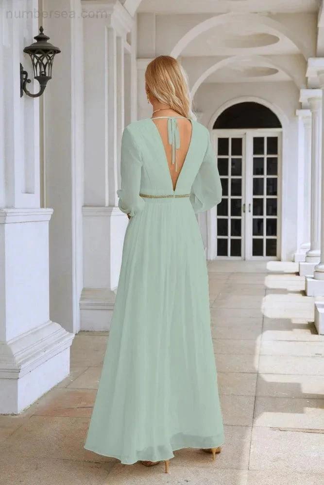 Ladies V Neck Chiffon Long Sleeve Front Slit Bridesmaid Evening Dress Wedding Party Shopping Evening Dress 28109 by numbersea